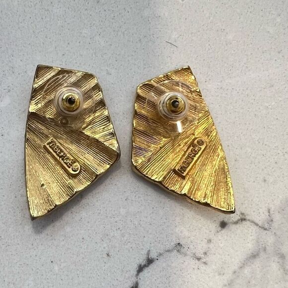 Fabergé Stamped | Retro 80s Gold Tone Fan Earrings Vintage Geometric Old Money - Picture 3 of 4